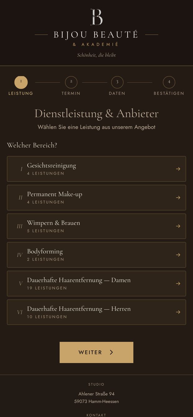 Online-Buchung von Bijou Beauté auf dem Handy, gebaut von ByMeritas